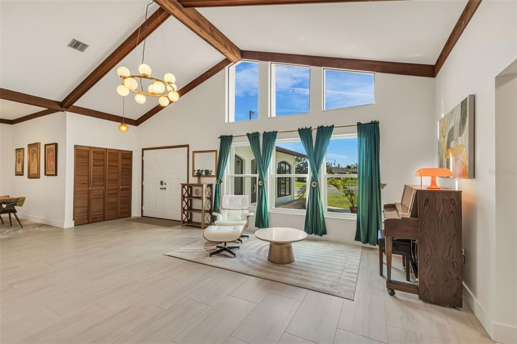 Interior, Pendant Lights, Piano, Wooden Beams, Wood Texture Flooring