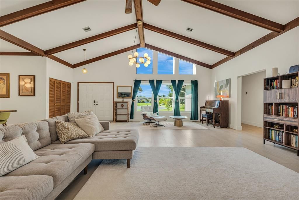 Interior, Living room, Pendant Lights, Piano, Wooden Beams, Wood Texture Flooring