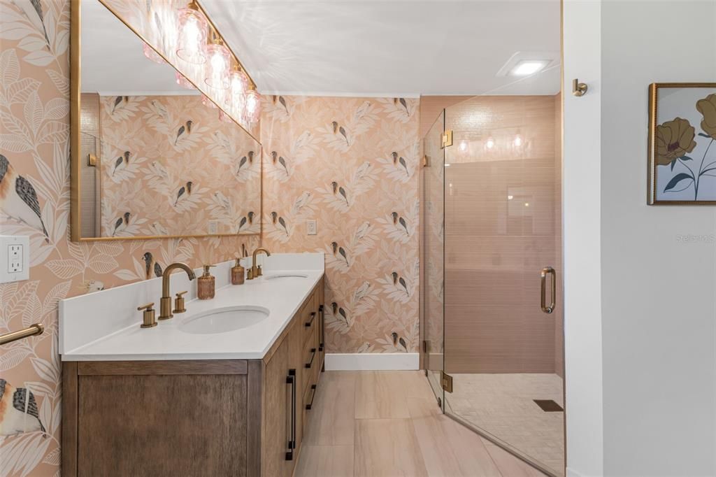 Bathroom, Glass Shower, Interior, Wood Texture Flooring