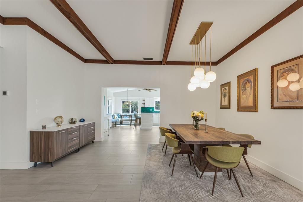 Dining room, Interior, Pendant Lights, Wooden Beams