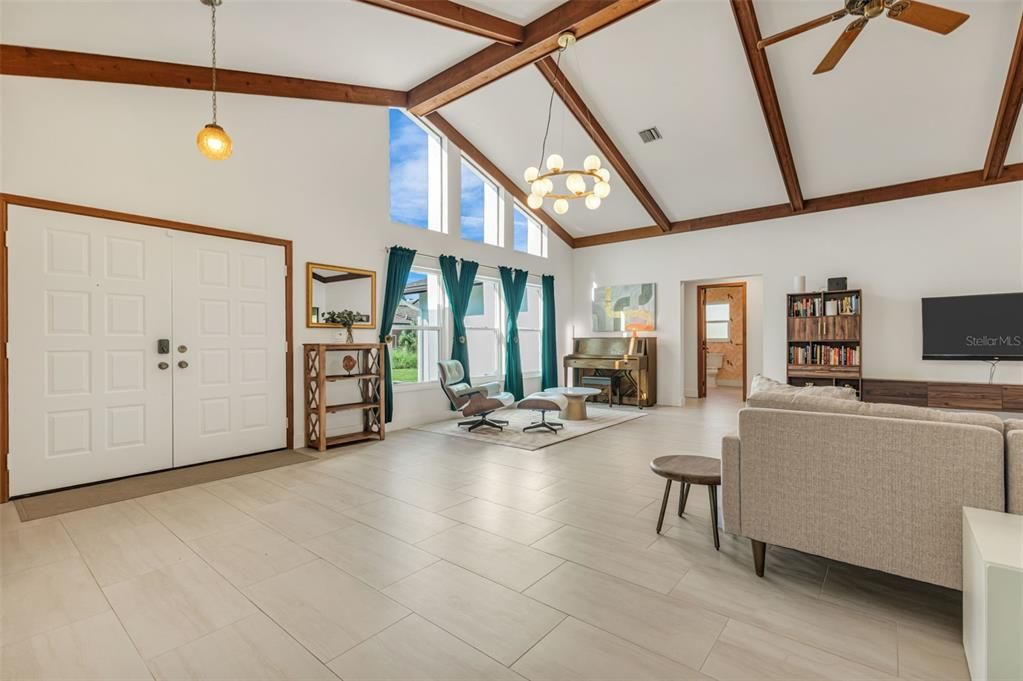 Chandelier, Fireplace, Interior, Living room, Pendant Lights, Wooden Beams