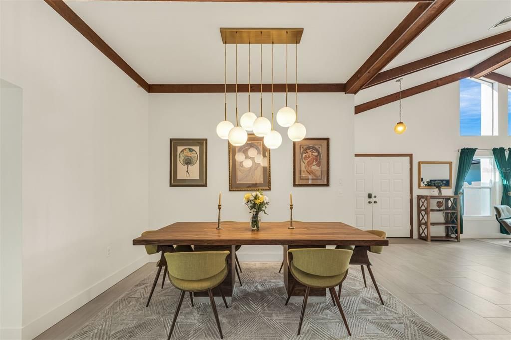 Dining room, Interior, Pendant Lights, Wood Texture Flooring