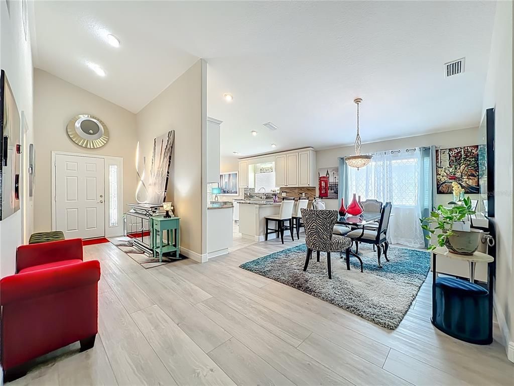 Dining room, Interior, Kitchen, Living room, Pendant Lights, Recessed Lighting, Wood Texture Flooring