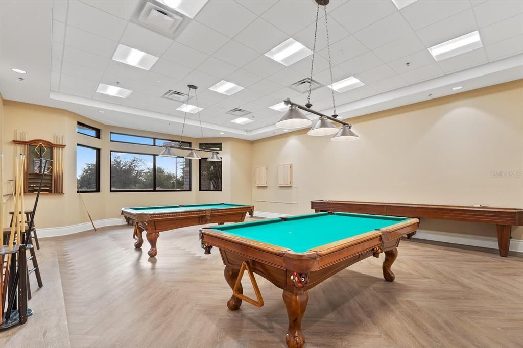 Billiard Table, Game Room, Interior, Pendant Lights, Recessed Lighting, Wood Texture Flooring