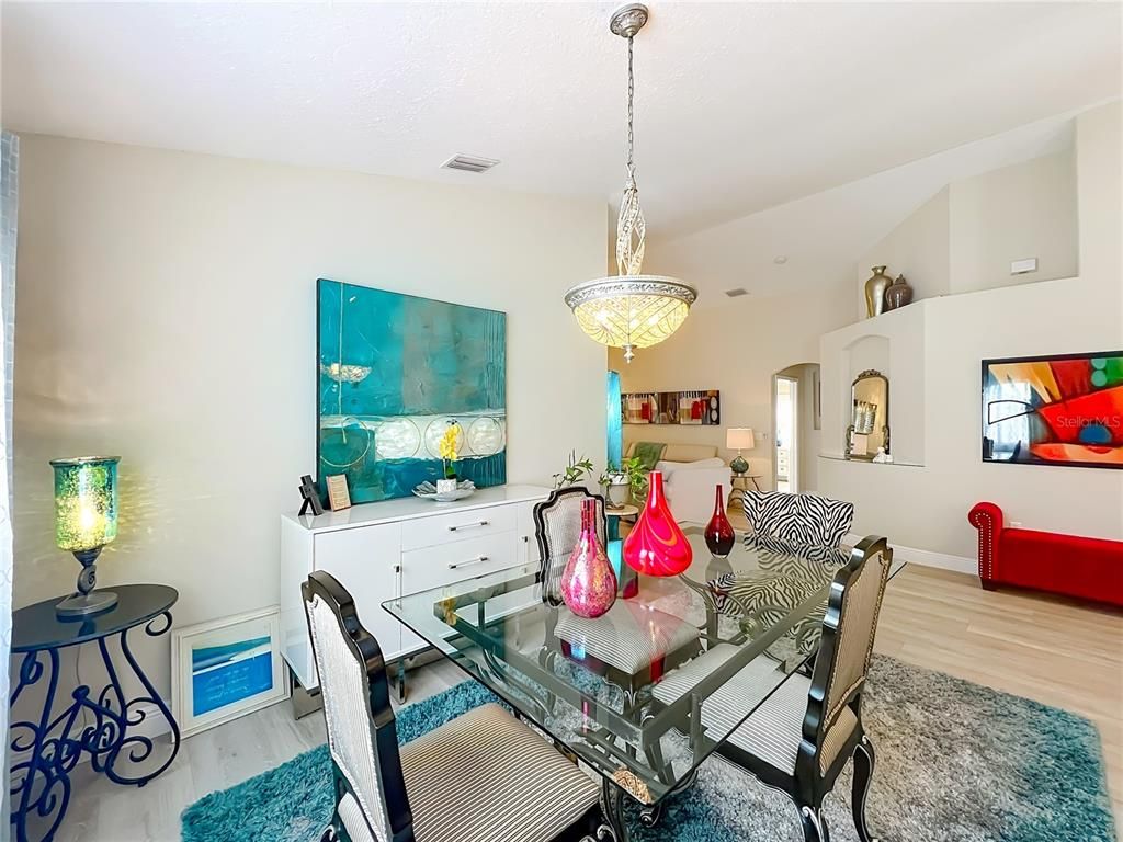 Dining room, Interior, Pendant Lights, Wood Texture Flooring