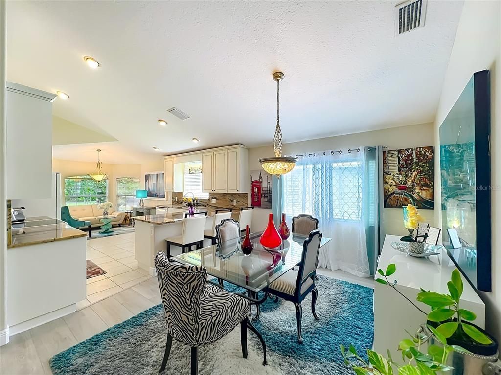 Dining room, Interior, Kitchen, Living room, Pendant Lights, Recessed Lighting, Wood Texture Flooring
