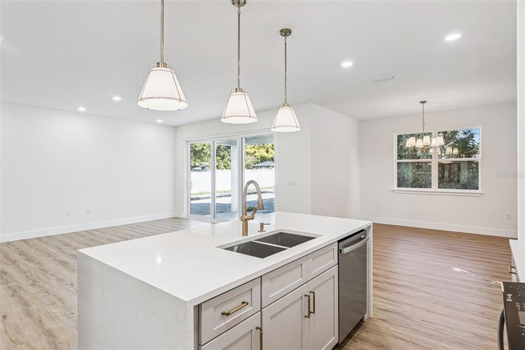 Interior, Kitchen, Pendant Lights, Recessed Lighting, Wood Texture Flooring