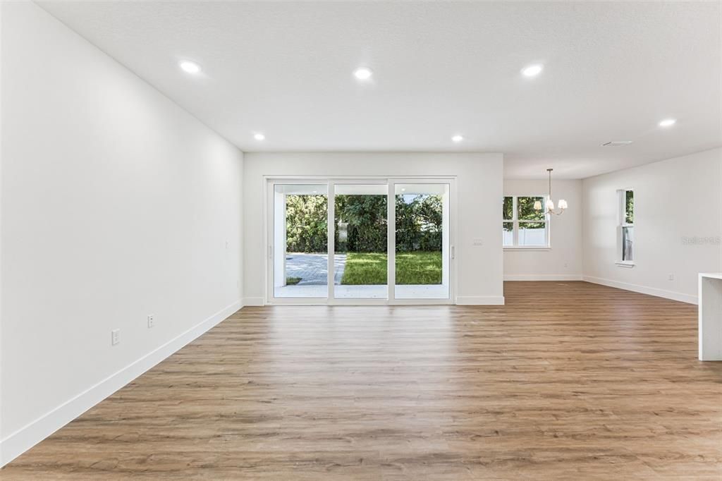 Empty room, Interior, Pendant Lights, Recessed Lighting, Wood Texture Flooring