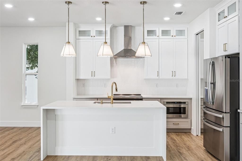 Interior, Kitchen, Pendant Lights, Recessed Lighting, Stainless Steel Appliances, Wood Texture Flooring