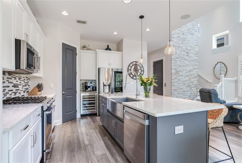 Interior, Kitchen, Pendant Lights, Recessed Lighting, Stainless Steel Appliances, Wood Texture Flooring