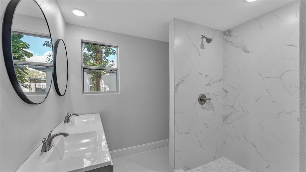 Bathroom, Interior, Marble Walls, Recessed Lighting