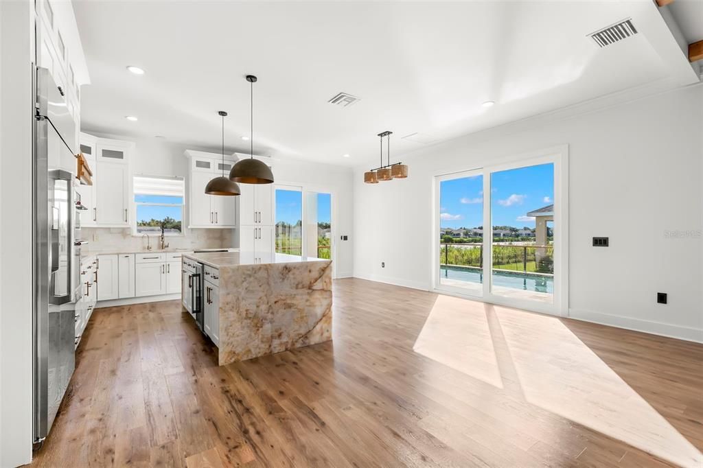 Interior, Kitchen, Pendant Lights, Recessed Lighting, Wood Texture Flooring