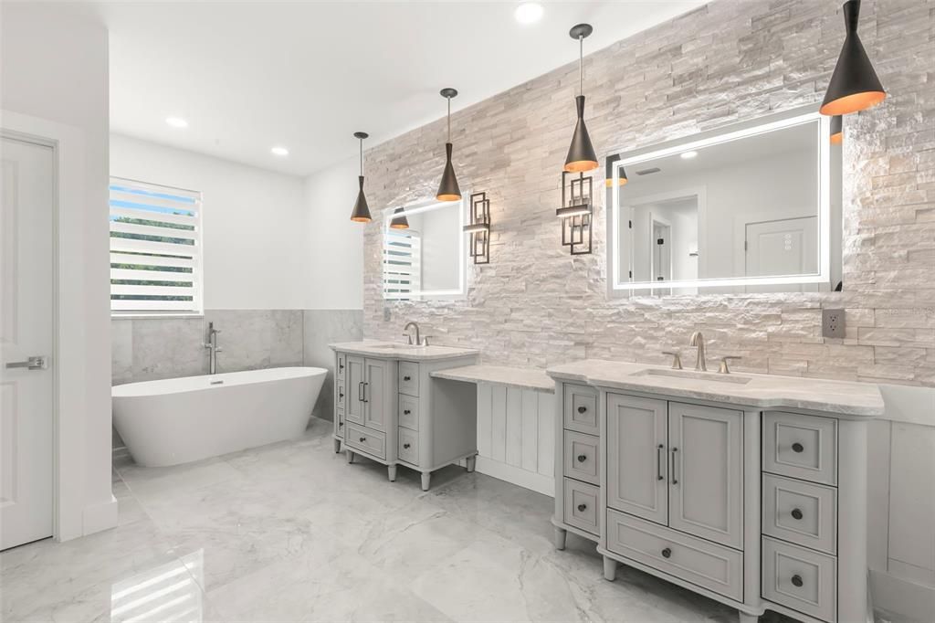 Bathroom, Dual Sink Vanities, Free Standing Baths, Interior, Marble, Pendant Lights, Recessed Lighting