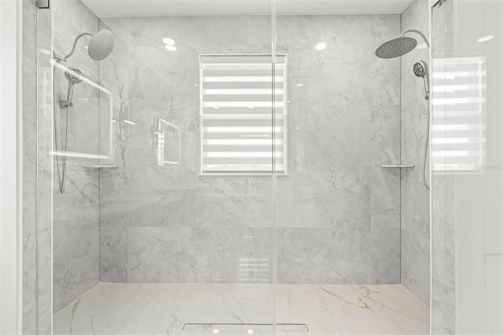 Bathroom, Glass Shower, Interior, Marble, Marble Walls, Recessed Lighting