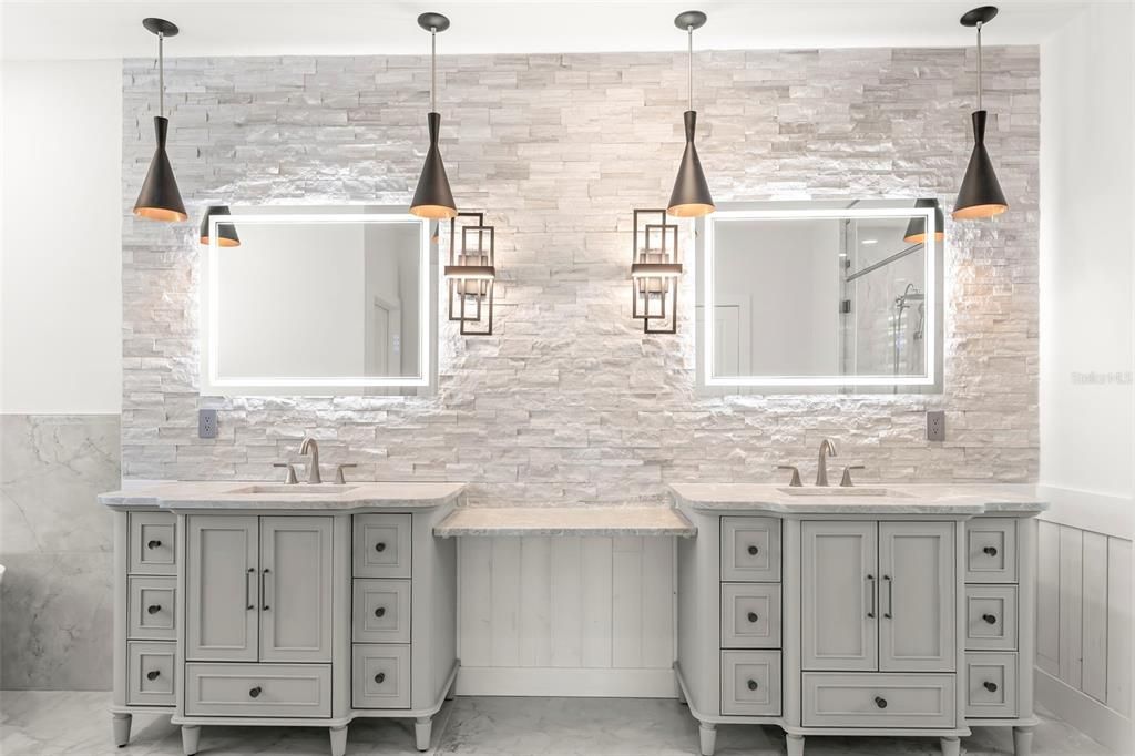 Bathroom, Interior, Marble, Pendant Lights, Stone Walls