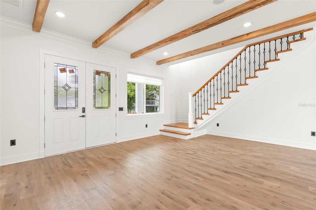 Empty room, Interior, Recessed Lighting, Wooden Beams, Wood Texture Flooring