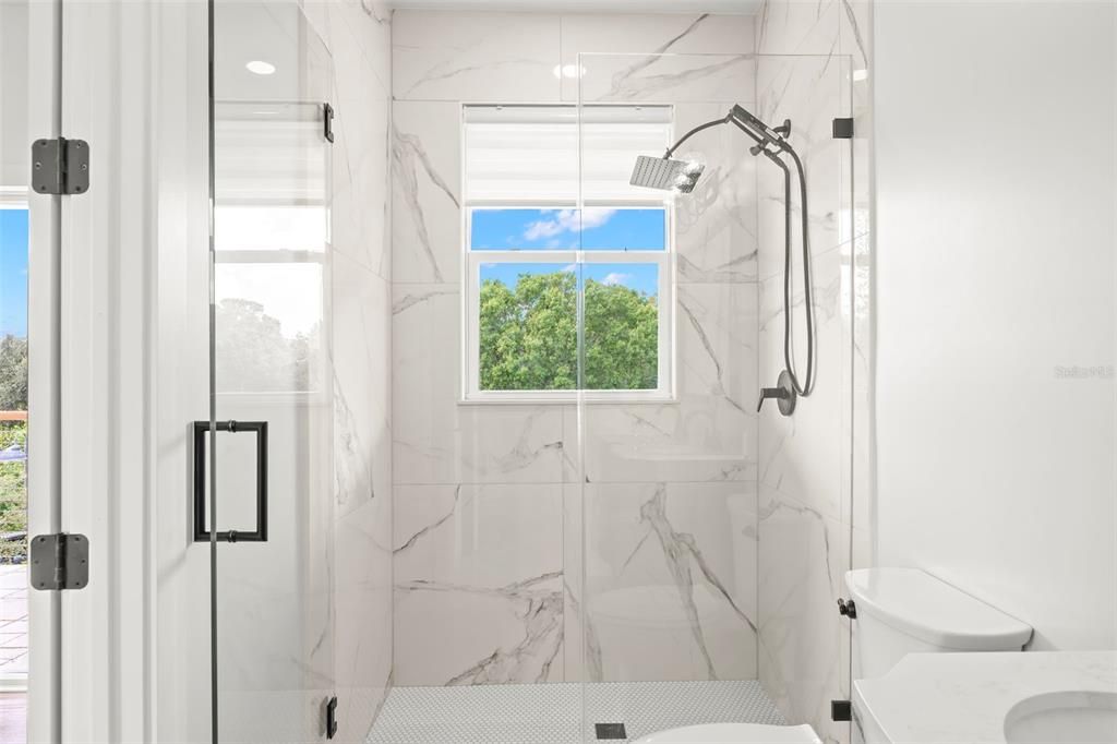 Bathroom, Glass Shower, Interior, Marble Walls, Recessed Lighting