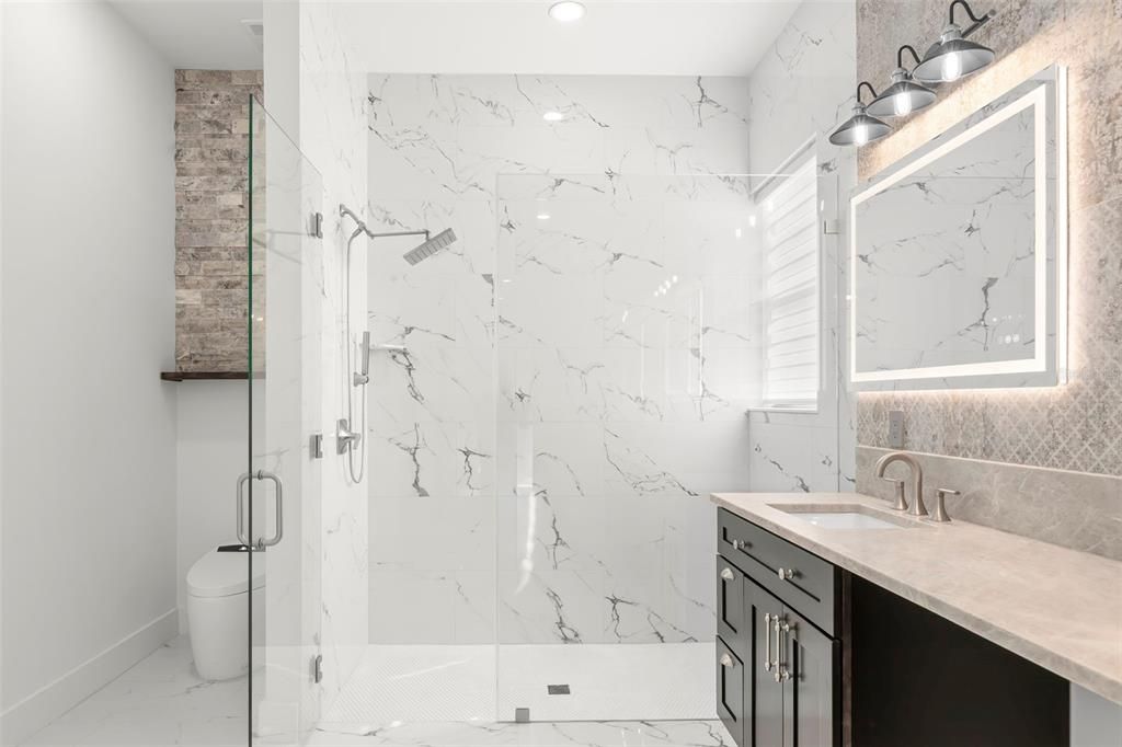 Bathroom, Glass Shower, Interior, Marble, Marble Walls