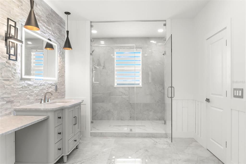 Bathroom, Glass Shower, Interior, Marble, Marble Walls, Pendant Lights, Recessed Lighting