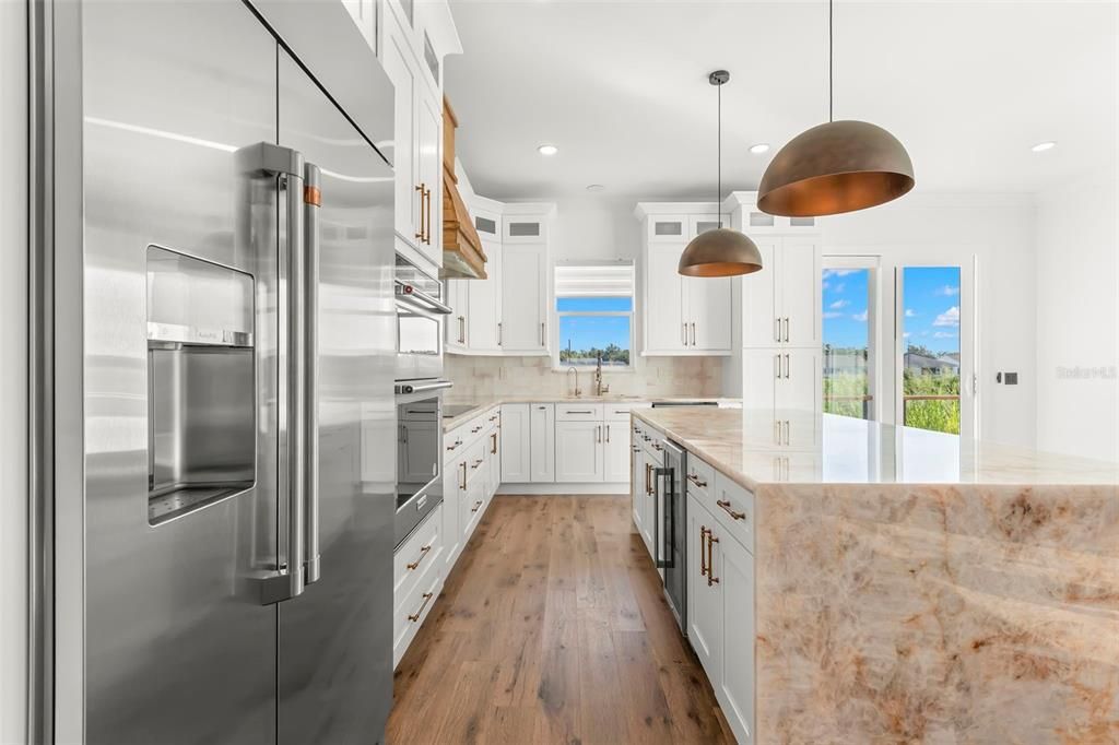 Interior, Kitchen, Pendant Lights, Recessed Lighting, Stainless Steel Appliances, Water, Wood Texture Flooring