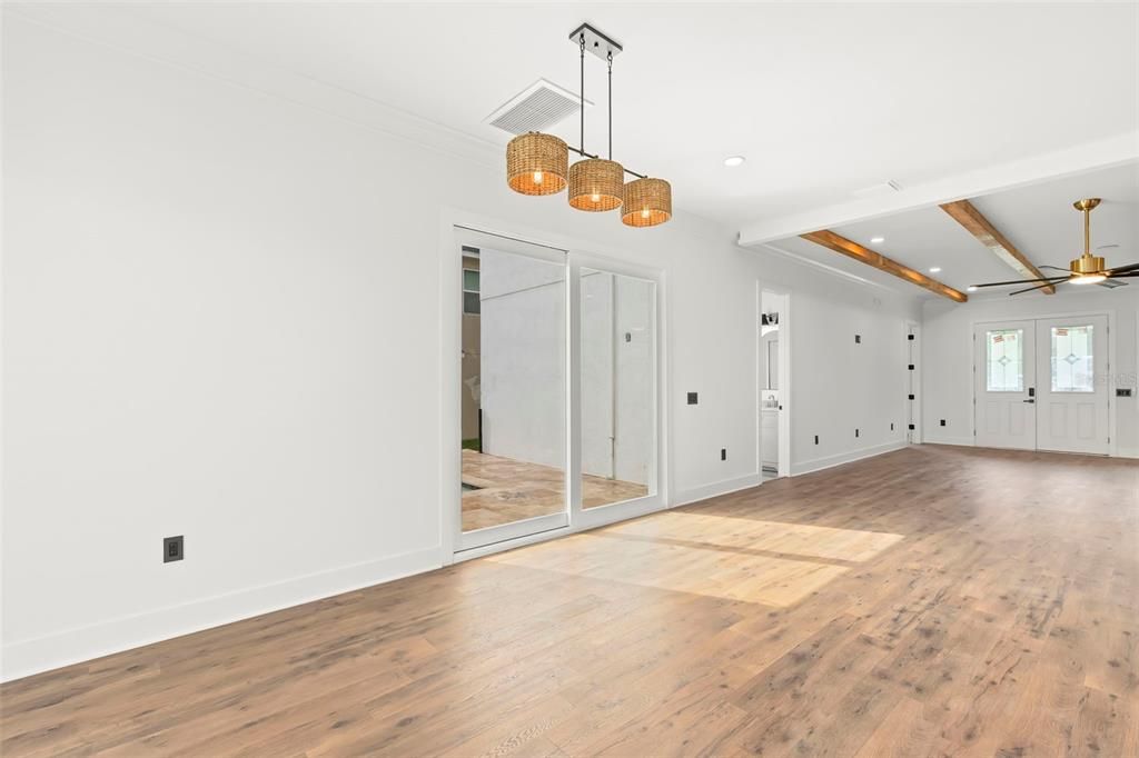 Empty room, Interior, Pendant Lights, Recessed Lighting, Wood Texture Flooring