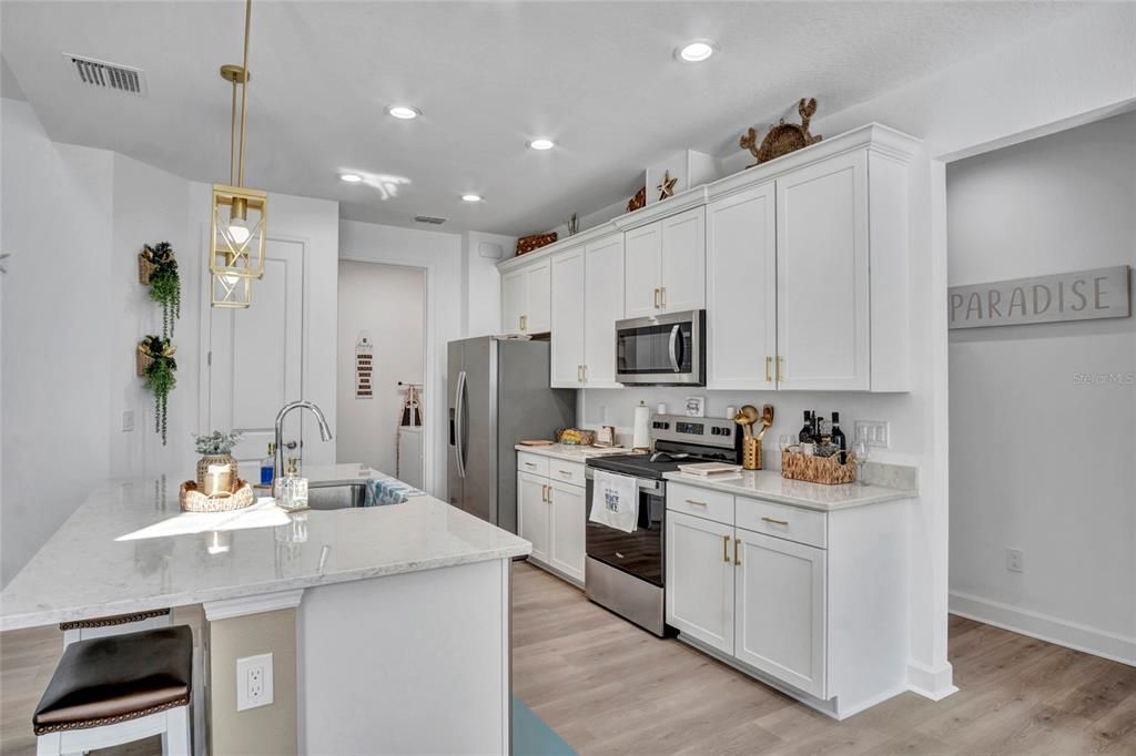 Interior, Kitchen, Pendant Lights, Recessed Lighting, Stainless Steel Appliances, Wood Texture Flooring