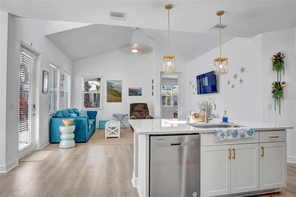 Interior, Kitchen, Living room, Pendant Lights, Stainless Steel Appliances, Wood Texture Flooring