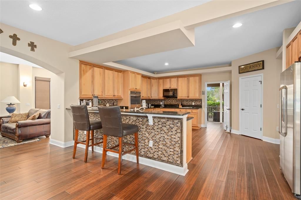 Interior, Kitchen, Living room, Recessed Lighting, Stainless Steel Appliances, Wood Texture Flooring