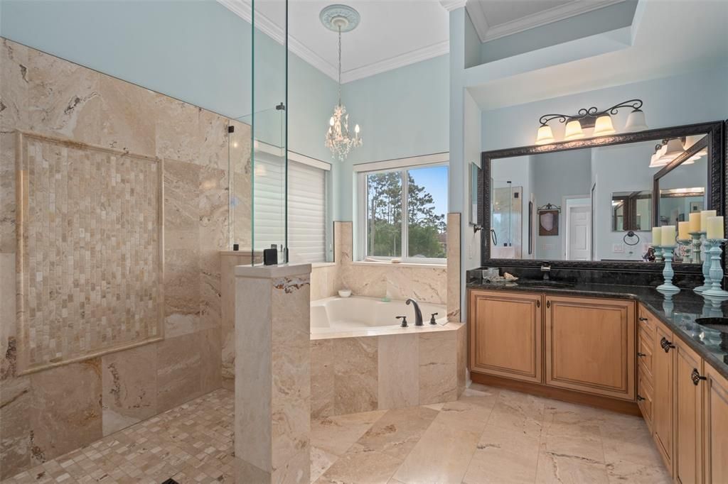 Bathroom, Chandelier, Glass Shower, Interior, Pendant Lights