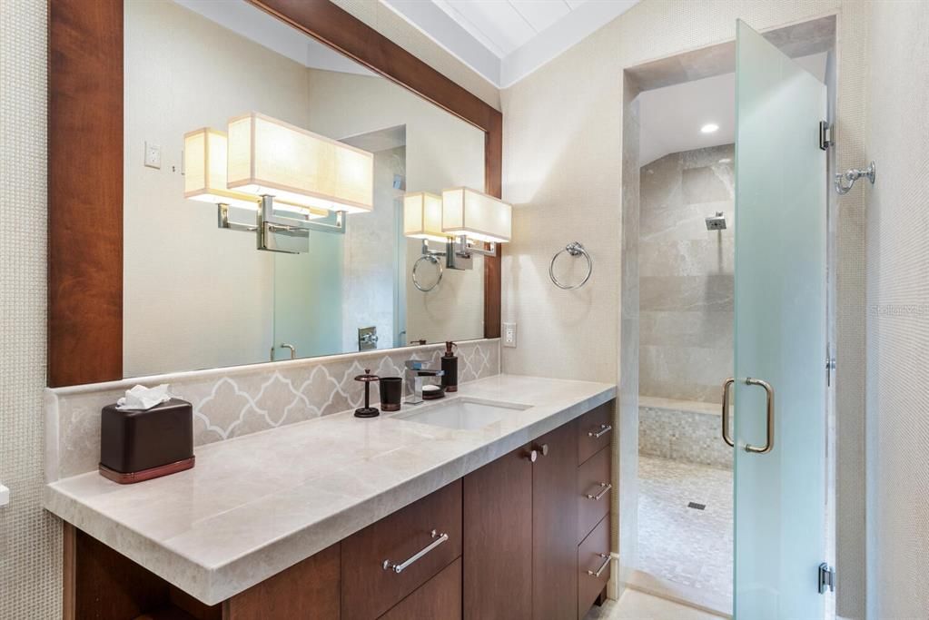 Bathroom, Glass Shower, Interior, Recessed Lighting, Tile Countertops