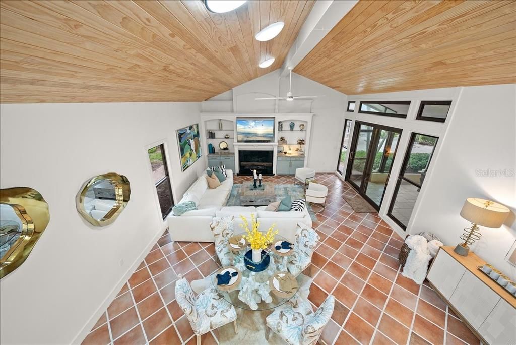 Dining room, Fireplace, Interior, Living room, Wooden Ceilings