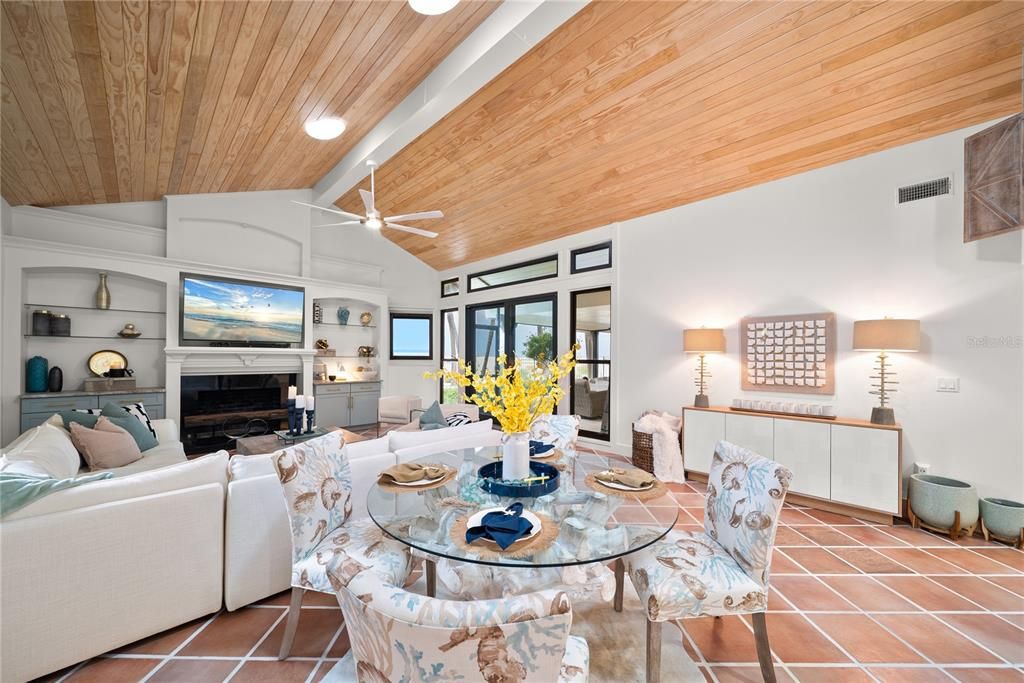 Dining room, Fireplace, Interior, Living room, Recessed Lighting, Wooden Ceilings