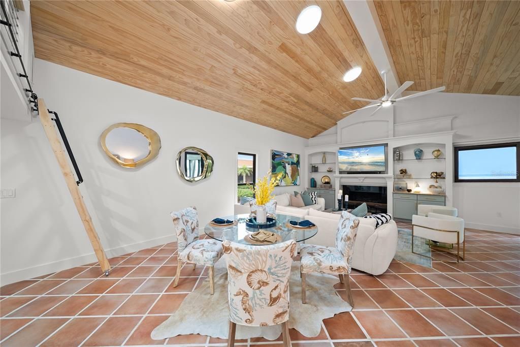 Dining room, Fireplace, Interior, Living room, Wooden Ceilings