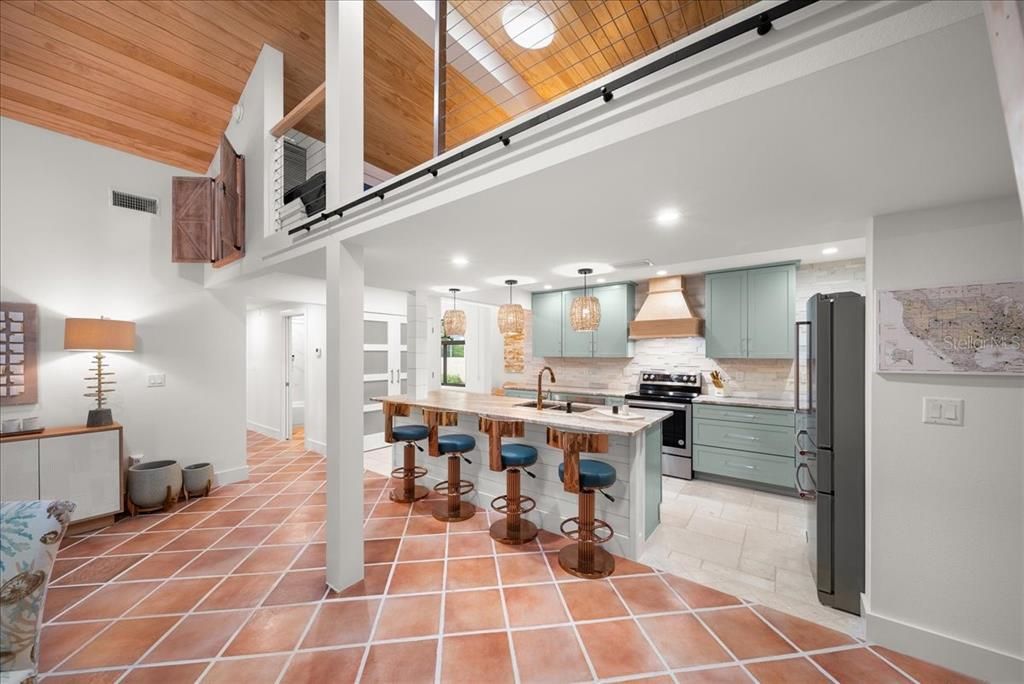 Interior, Kitchen, Pendant Lights, Recessed Lighting, Stainless Steel Appliances, Wooden Ceilings