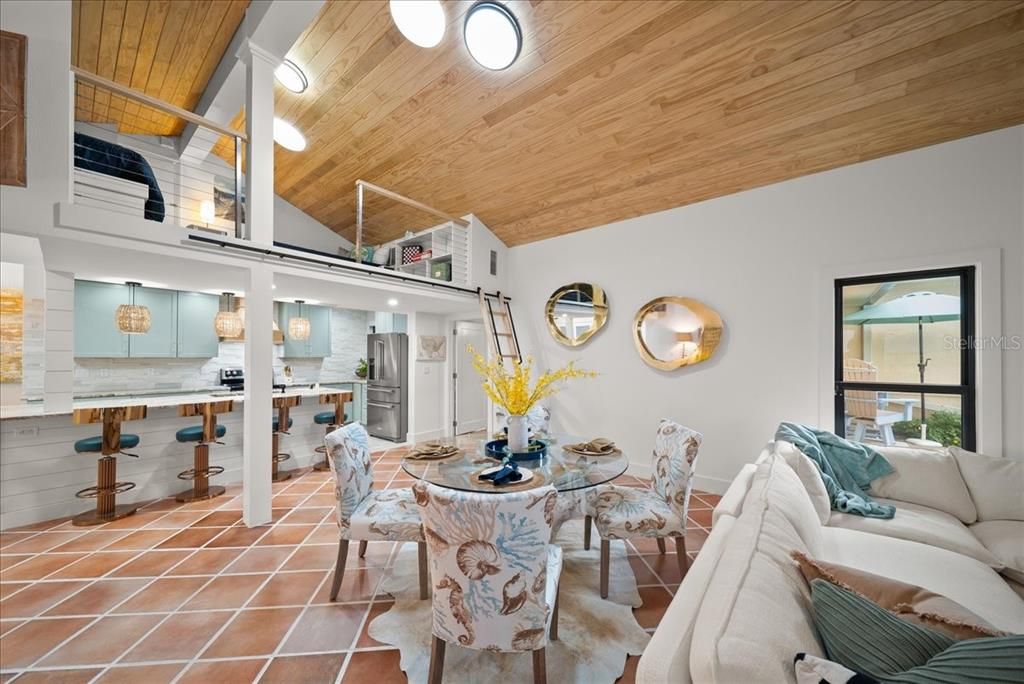 Dining room, Interior, Kitchen, Living room, Stainless Steel Appliances, Wooden Ceilings