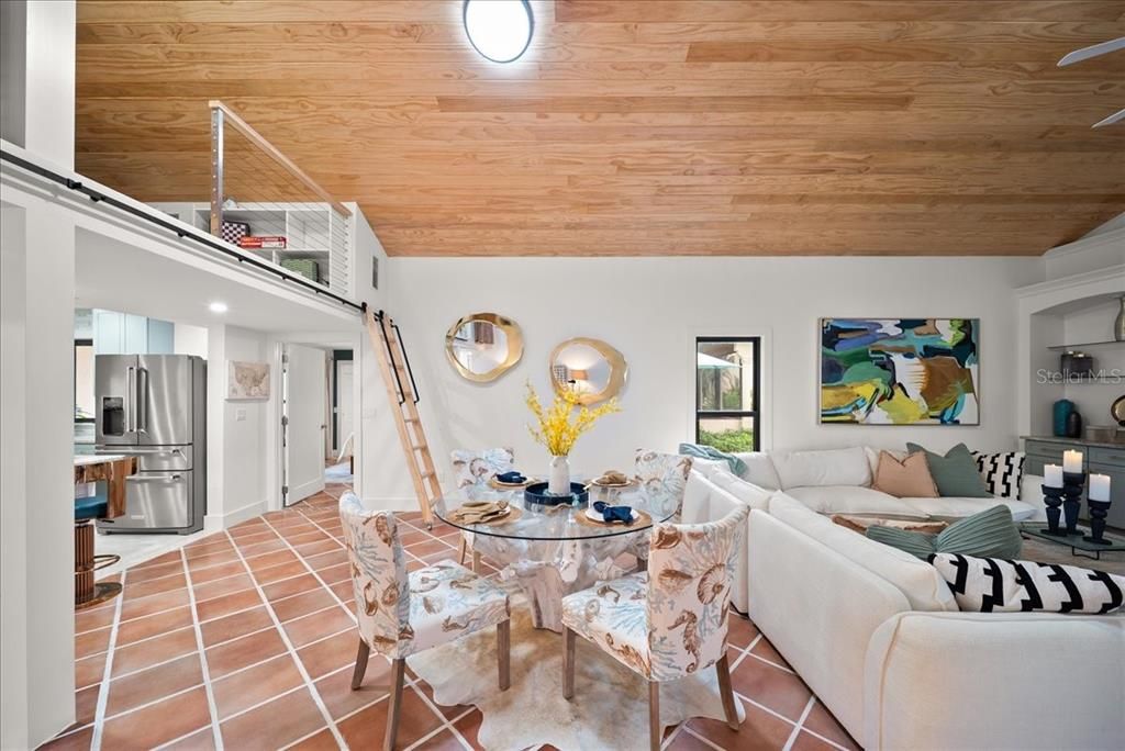 Dining room, Interior, Kitchen, Living room, Stainless Steel Appliances, Wooden Ceilings