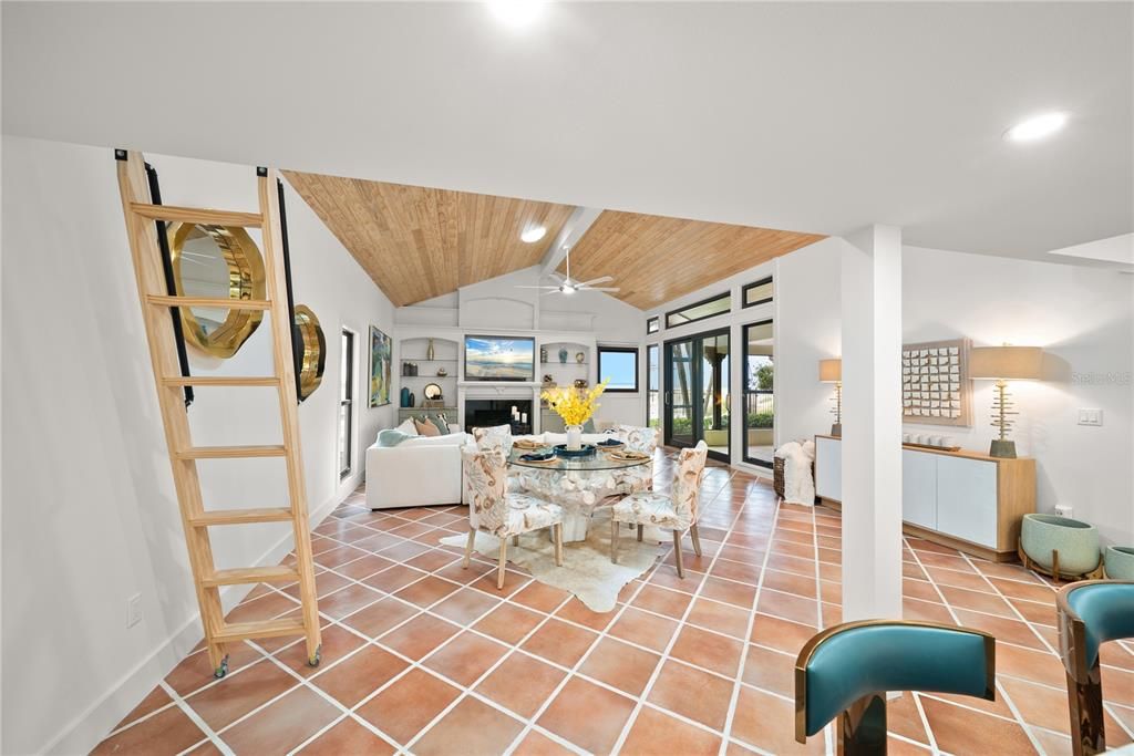 Dining room, Fireplace, Interior, Living room, Recessed Lighting, Wooden Ceilings