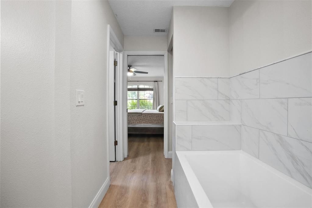 Bathroom, Interior, Marble Walls, Wood Texture Flooring