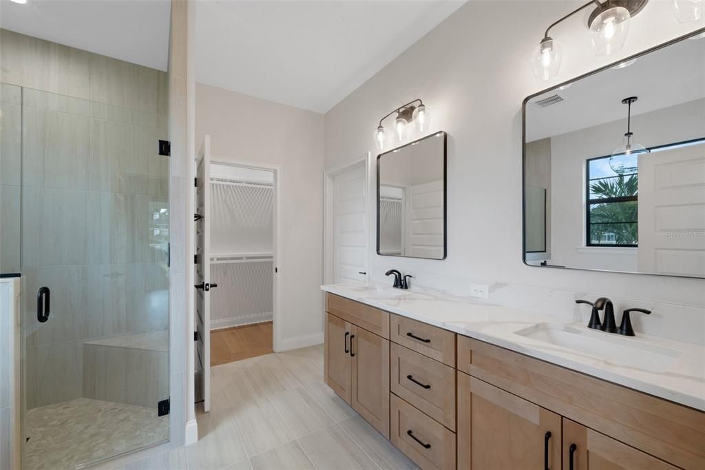 Bathroom, Dual Sink Vanities, Glass Shower, Interior, Wood Texture Flooring