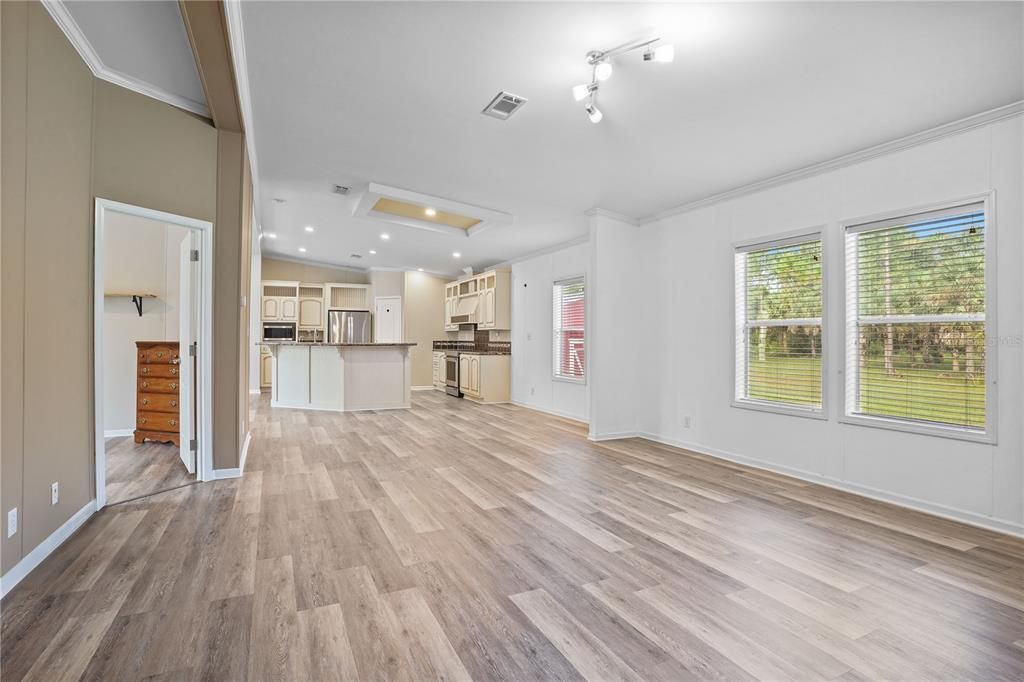 Empty room, Interior, Kitchen, Recessed Lighting, Wood Texture Flooring