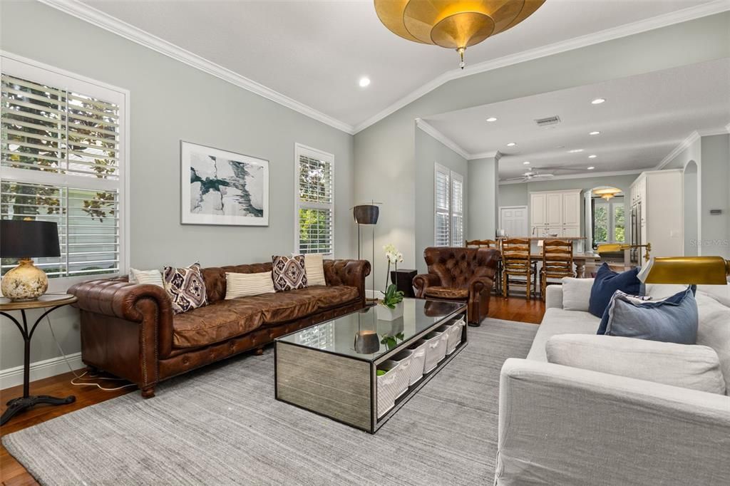 Dining room, Interior, Living room, Recessed Lighting, Wood Texture Flooring
