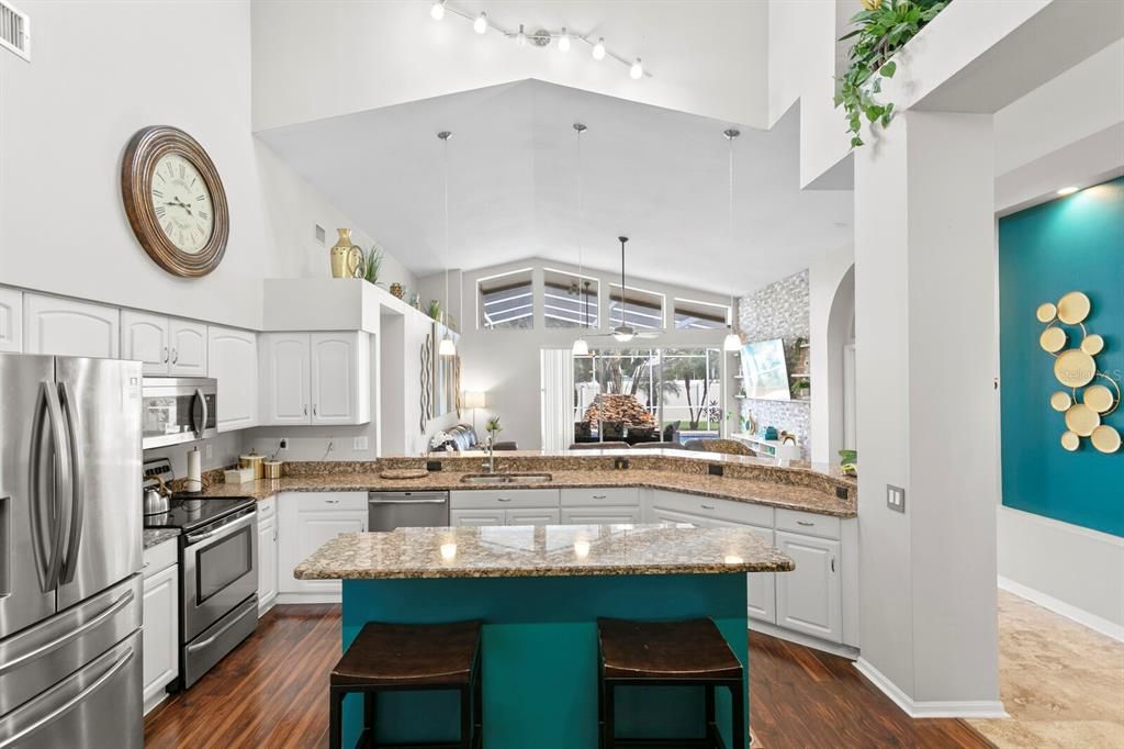 Interior, Kitchen, Pendant Lights, Stainless Steel Appliances, Wood Texture Flooring