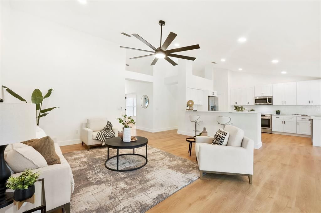 Interior, Kitchen, Living room, Pendant Lights, Recessed Lighting, Stainless Steel Appliances, Wood Texture Flooring