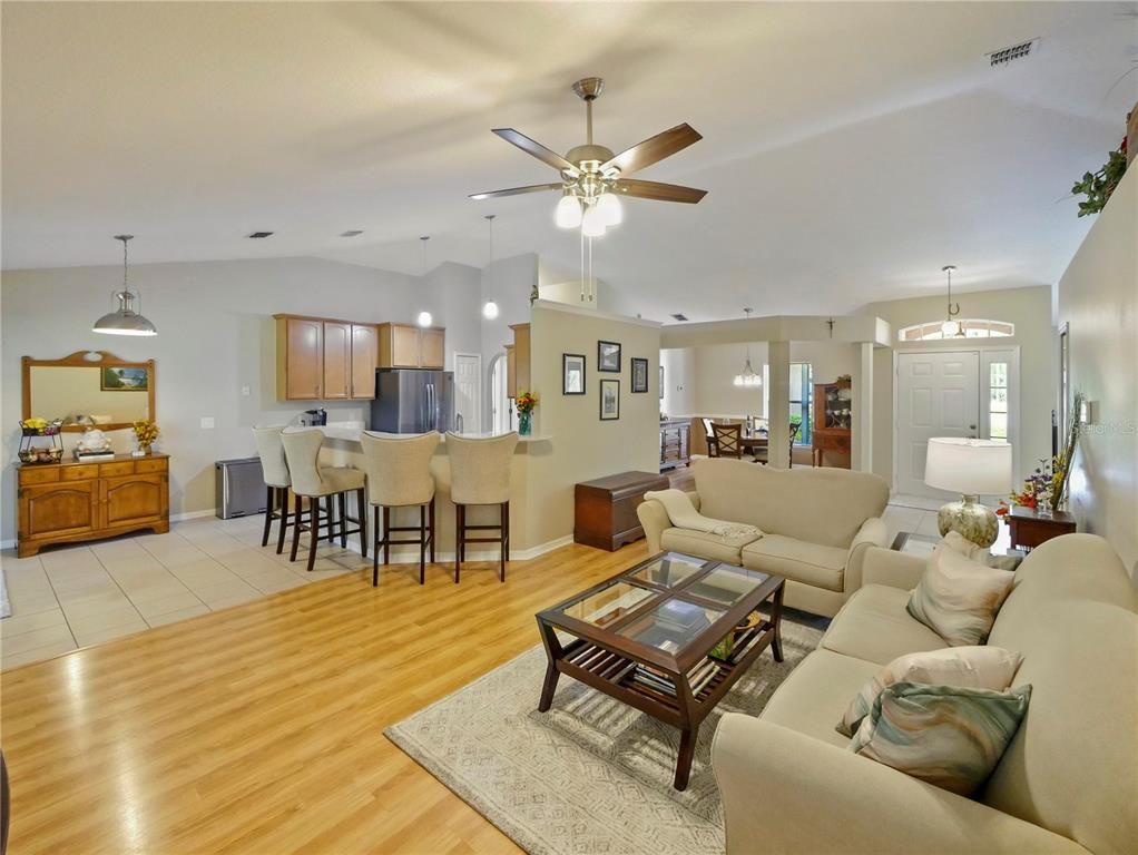 Dining room, Interior, Kitchen, Living room, Pendant Lights, Wood Texture Flooring