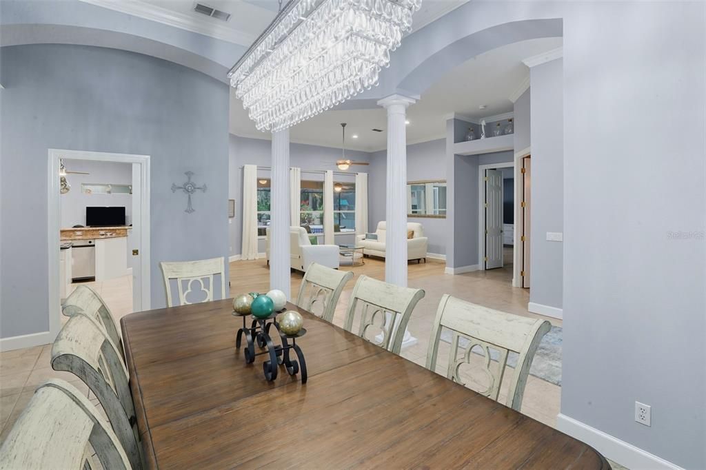 Chandelier, Dining room, Interior, Living room, Recessed Lighting, Wood Texture Flooring