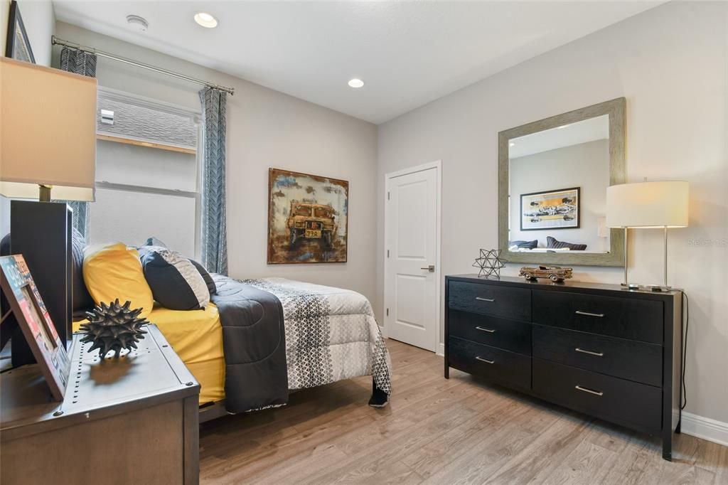 Bedroom, Interior, Recessed Lighting, Wood Texture Flooring