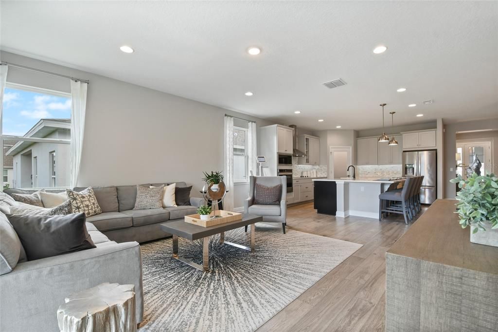 Interior, Kitchen, Living room, Pendant Lights, Recessed Lighting, Stainless Steel Appliances, Wood Texture Flooring