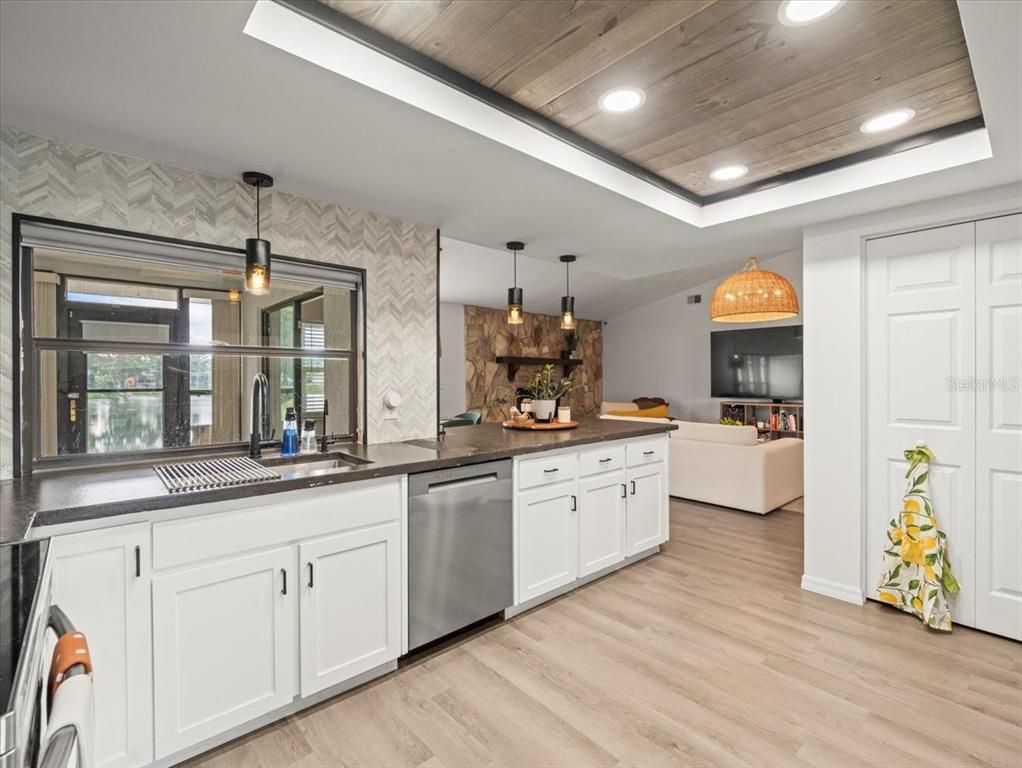 Interior, Kitchen, Pendant Lights, Recessed Lighting, Stainless Steel Appliances, Wooden Ceilings, Wood Texture Flooring