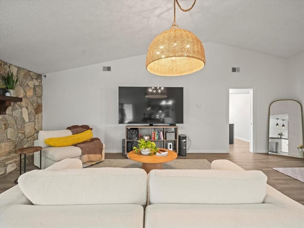 Interior, Living room, Pendant Lights, Stone Walls, Wood Texture Flooring