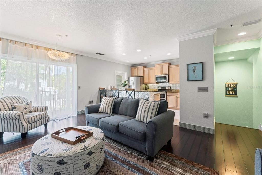 Interior, Kitchen, Living room, Recessed Lighting, Stainless Steel Appliances, Wood Texture Flooring